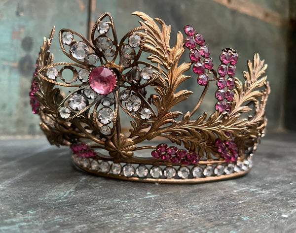 Antique Fine Gold Gilt Headdress Tiara with Pink Diamanté: C19th France