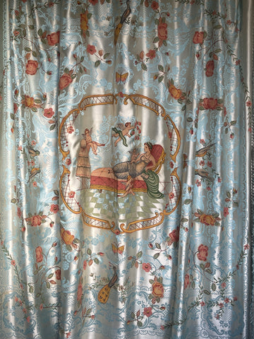 Antique Hand Painted Bedcover or Wallhanging with Reclining Woman, Putti and Roses: C1930 Italy