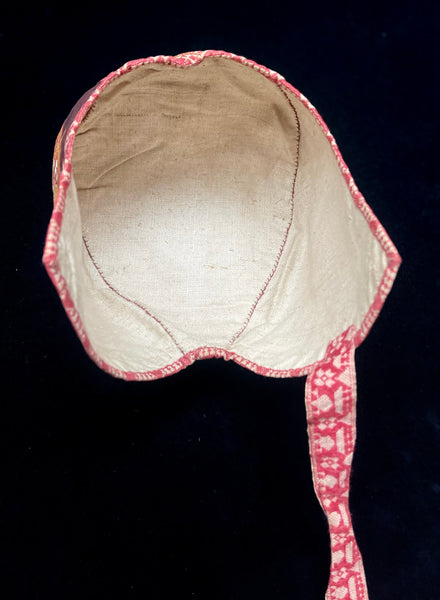 Antique Dutch Traditional Costume Block Print Chintz Child’s Bonnet: C19th Marken, Holland