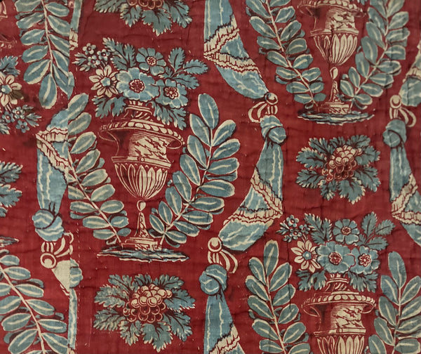 Antique Block Print with Urns of Flowers & Drapery: C18th France