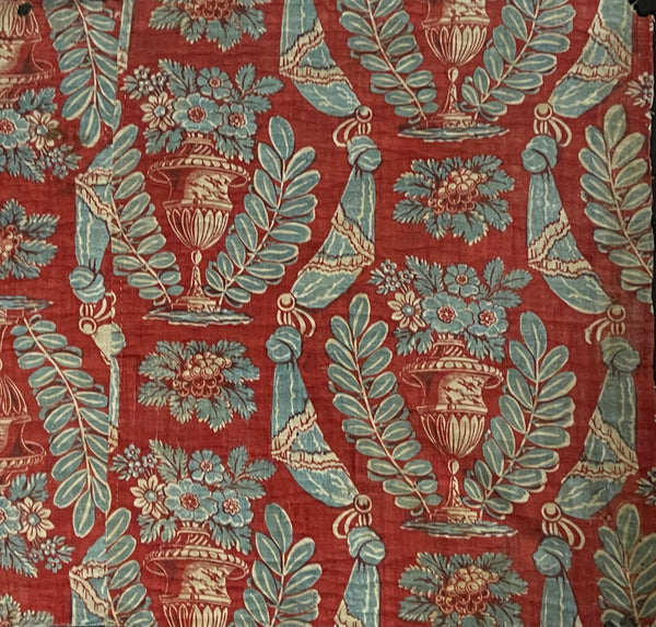 Antique Block Print with Urns of Flowers & Drapery: C18th France