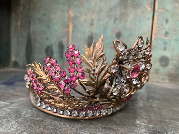 Antique Fine Gold Gilt Headdress Tiara with Pink Diamanté: C19th France