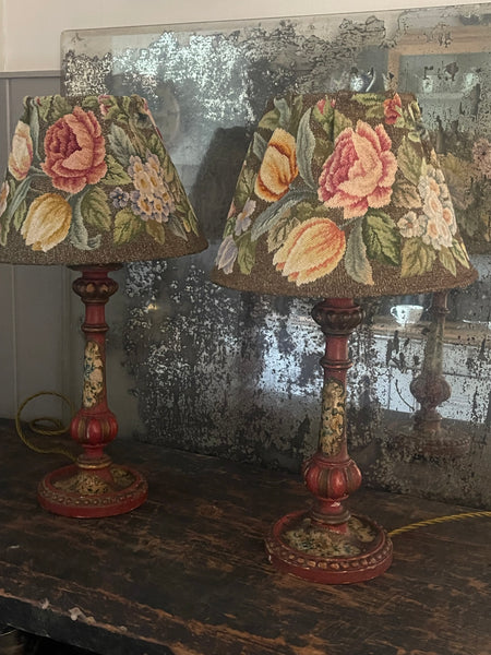 Antique Bespoke Needlepoint Tapestry Embroidered Floral Lampshade: C19th Britain