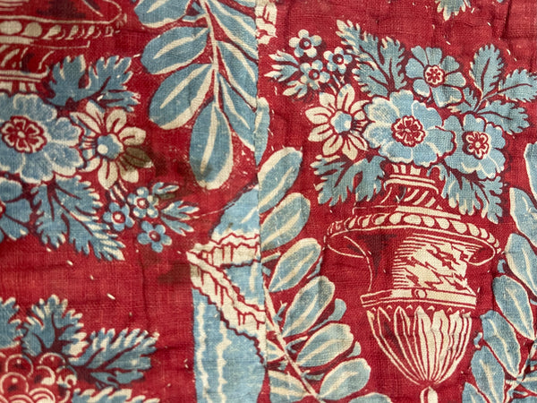 Antique Block Print with Urns of Flowers & Drapery: C18th France