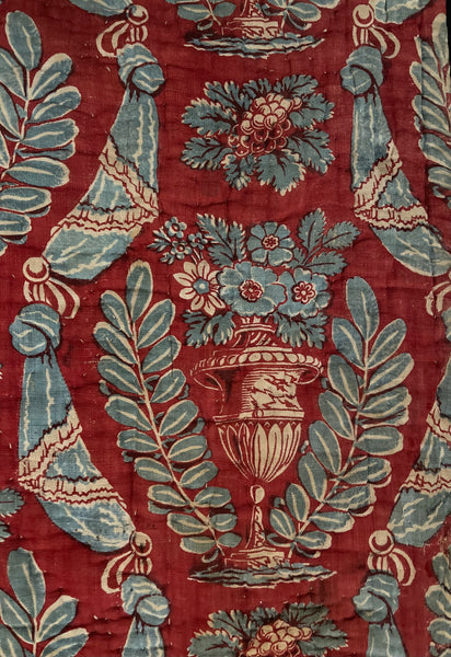 Antique Block Print with Urns of Flowers & Drapery: C18th France