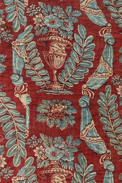 Antique Block Print with Urns of Flowers & Drapery: C18th France