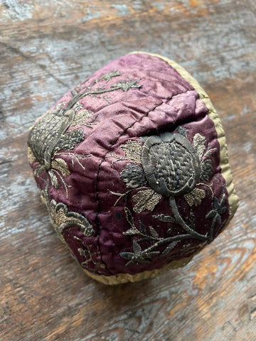 Antique Silk Child’s Cap with Silver Thread Embroidery: Early C18th Europe