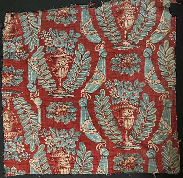 Antique Block Print with Urns of Flowers & Drapery: C18th France