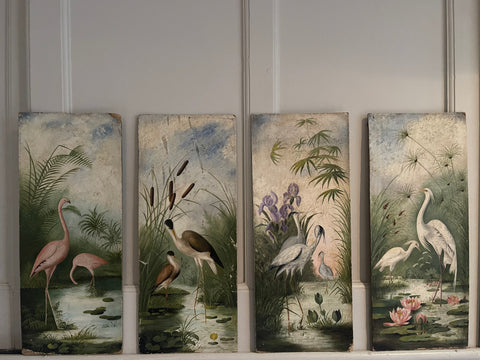 Set of Four Antique Chinoiserie Painted Panels with Water Birds: C1910/20 British