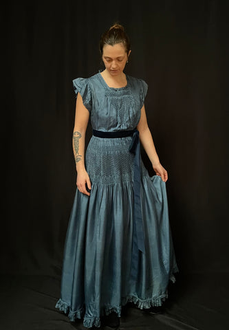 Antique Indigo Blue Silk Edwardian Dress with Smocking : C1900 Britain