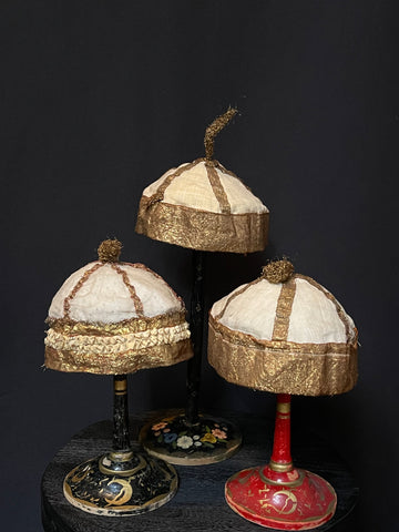 Collection Gold and White Embroidered Antique Childrens Celebration Hats: C19th India