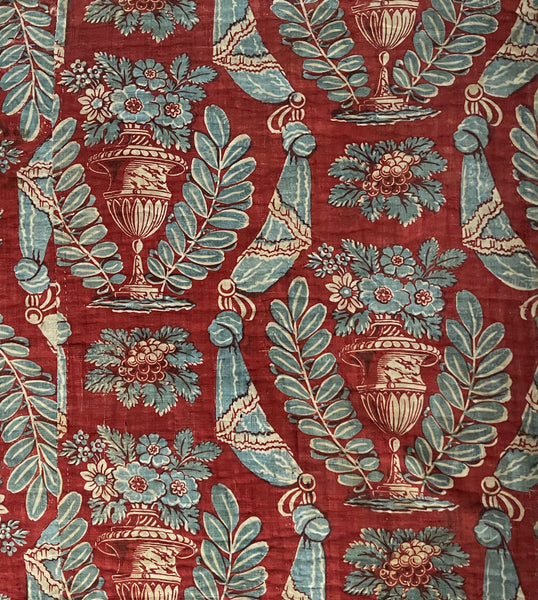 Antique Block Print with Urns of Flowers & Drapery: C18th France