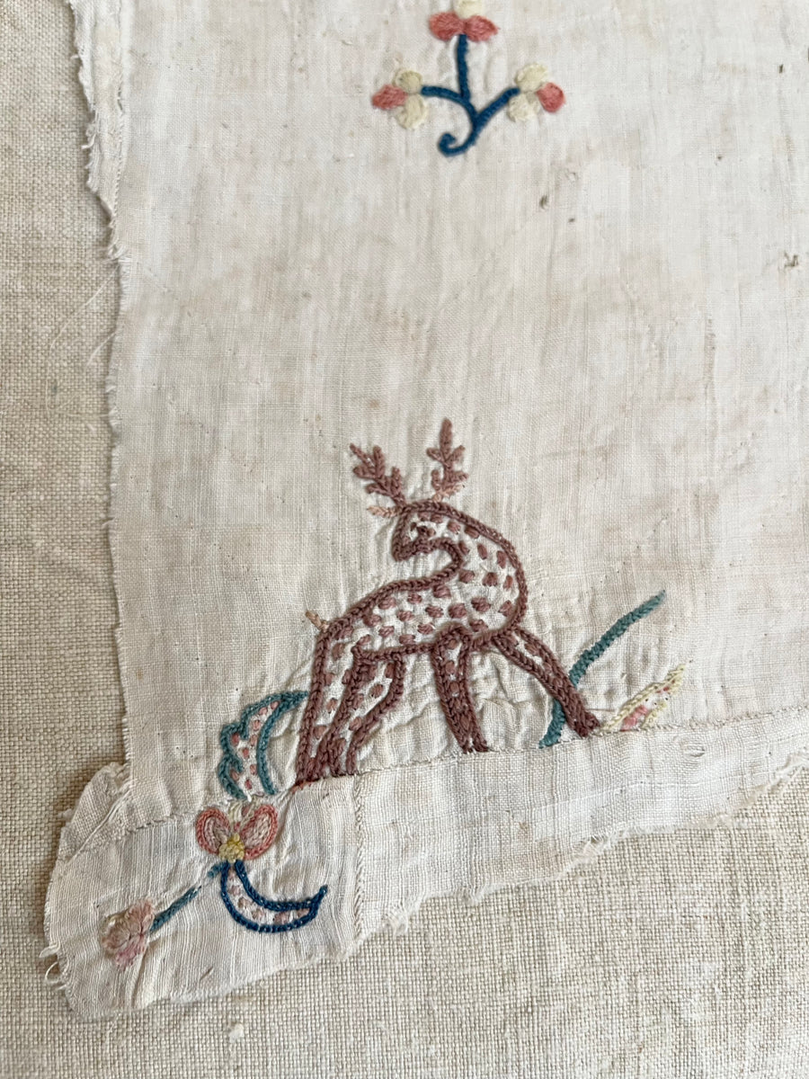 Early Tambour Embroidered Dress Fragment with Deer: C18th English