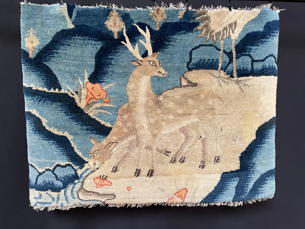 Art Deco Carpet Fragment with Grazing Deer : C1920 China