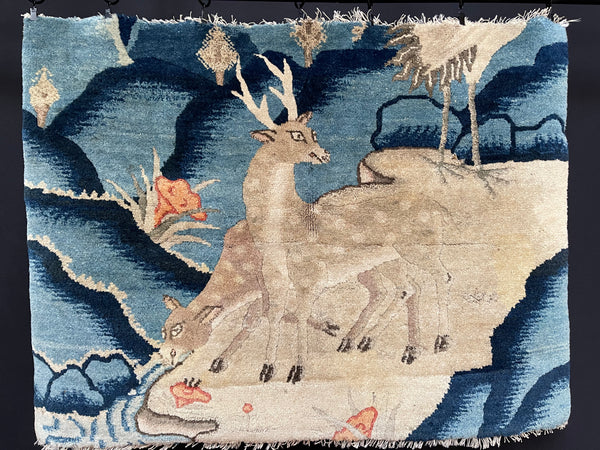 Art Deco Carpet Fragment with Grazing Deer : C1920 China