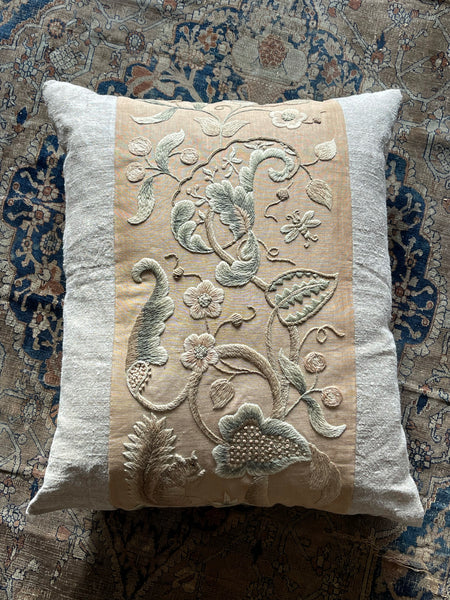 Antique Arts and Crafts Embroidered Tree of Life Cushion: C1900/20