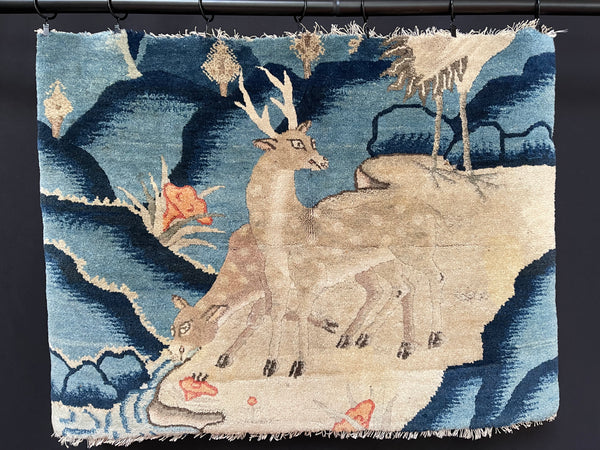 Art Deco Carpet Fragment with Grazing Deer : C1920 China