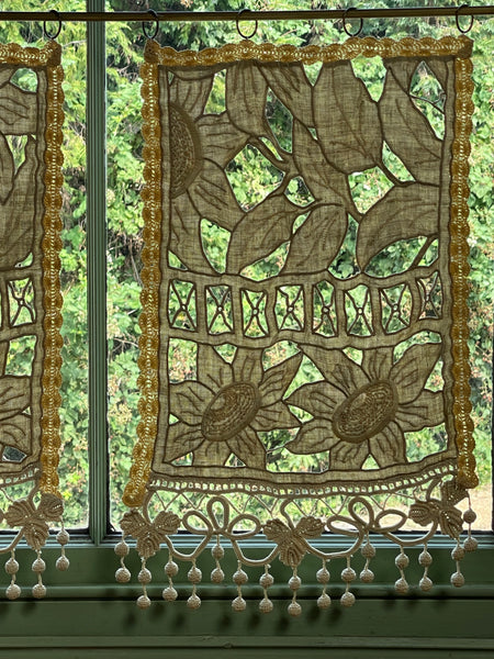 Pair Antique Art Deco French Richelieu Embroidered Linen Cafe Curtains Handmade Sunflower Motif