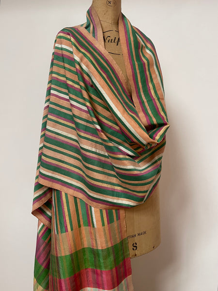 Antique Handwoven Silk Shawl Collectable Wrap Striped Silk Stole Dupatta: C20th Northern India