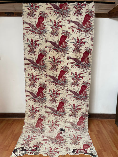 Rare Antique Indiennes Block Print Quilted Panel with Exotic Fruit and Foliage: C18th France