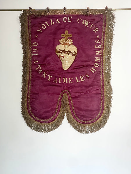 Antique Silk Embroidered Ecclesiastical Wallhanging Banner with Stumpwork Heart: C19th France