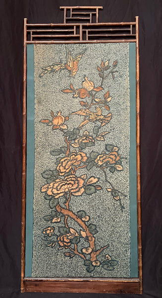 Arts and Crafts Crewelwork Embroidered Tree of Life Panel in Antique Japanese Bamboo Frame (1) : C1900 Britain