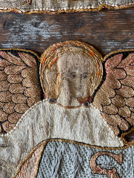 Pair of Fine Silk Embroidered Arts and Crafts ‘Sanctus’ Angel Appliqués :C1890 English