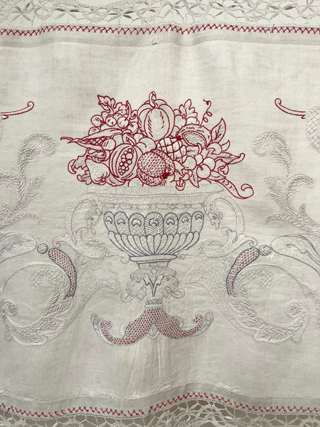Antique Neo Renaissance White & Red-work Embroidered Pelmet Valance: C1900 Europe