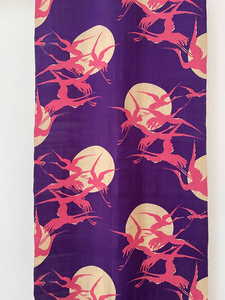 Art Deco era Printed Silk with Cranes Flying across Moon: C1920 Japan