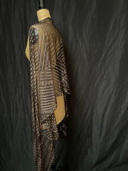 Art Deco Assuit Shawl Hand Embroidered Black with Silver Metal Thread: C1920 Egypt
