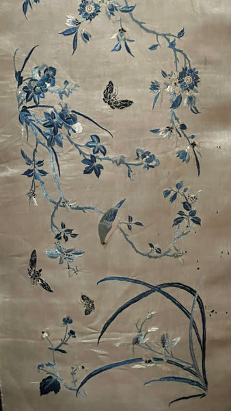 Fine Chinese Silk Embroidered Panel with Birds, Butterflies and Florals: C19th China