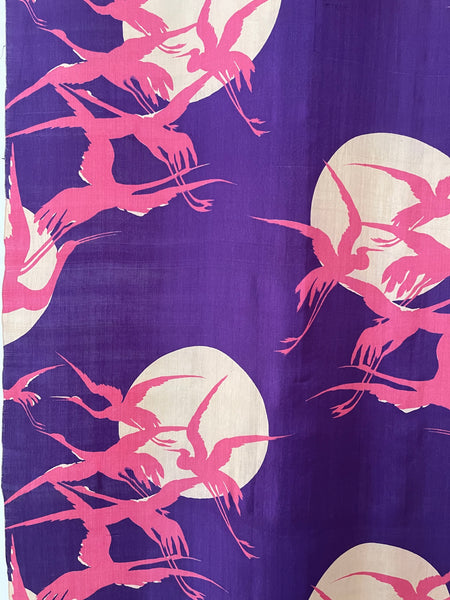 Art Deco era Printed Silk with Cranes Flying across Moon: C1920 Japan
