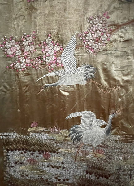 Antique Silk Embroidered Tapestry Wallhanging with Cherry Blossom & Storks: Japanese Meiji Period C19th Century. 223 x 175cm