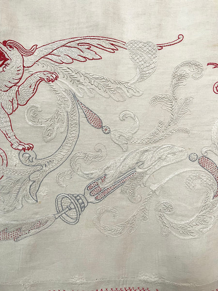 Antique Neo Renaissance White & Red-work Embroidered Pelmet Valance: C1900 Europe