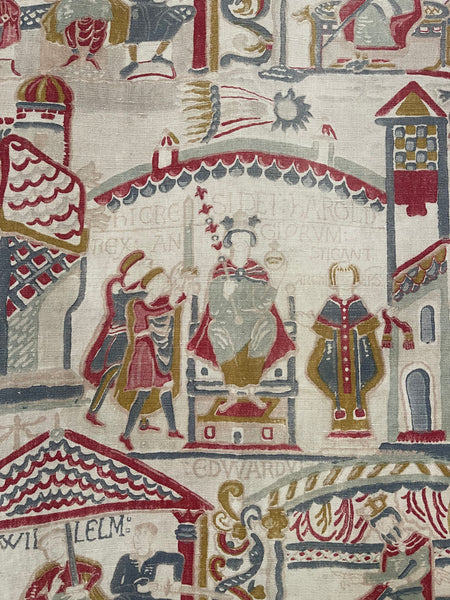 Antique Printed Linen Wallhanging Inspired by Bayeux Tapestry: C1920s Britain