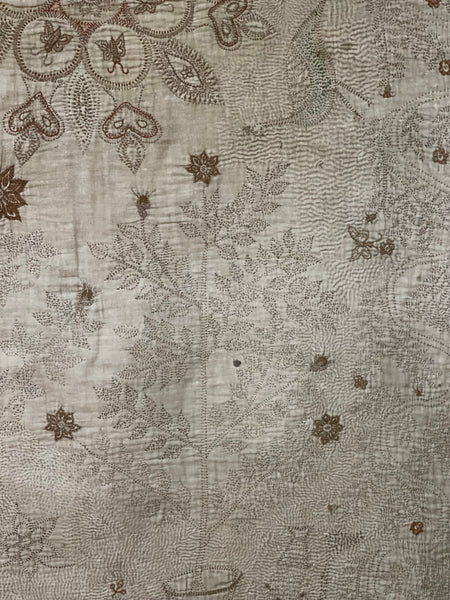 Rare Antique Hand Embroidered Kantha Quilt with Birds & Trees of Life: 19th Century, Bangladesh