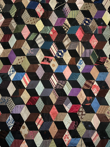 Antique Silk Tumbling Blocks Patchwork Quilt: C19th Britain