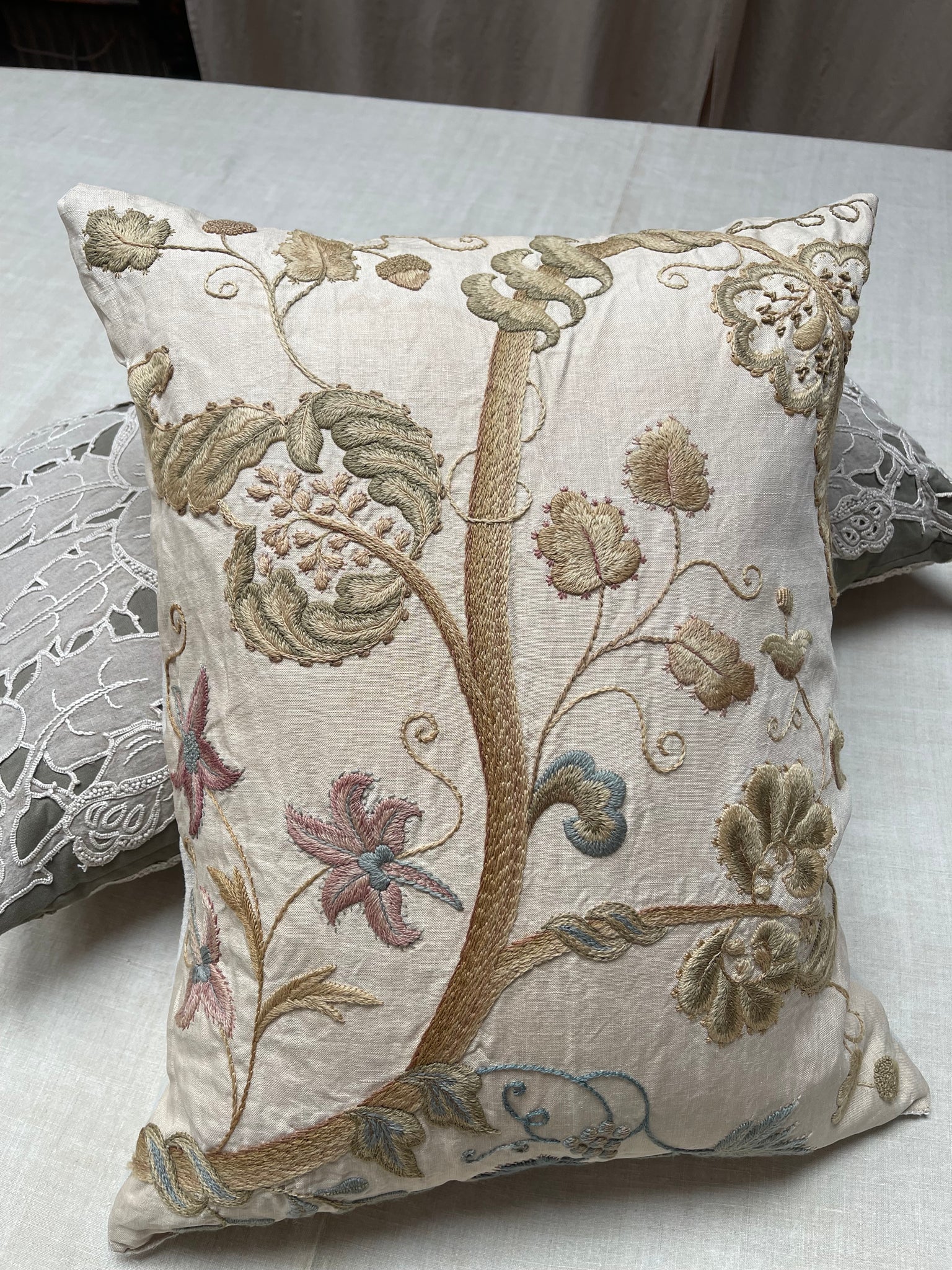 Antique Crewelwork Embroidered Jacobean Revival Tree of Life Cushion Pillow: C1900 Britain
