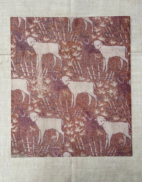 Antique Arts and Crafts Block Printed Lamé with Lambs: C1910/20 Britain. 57 x 49cm