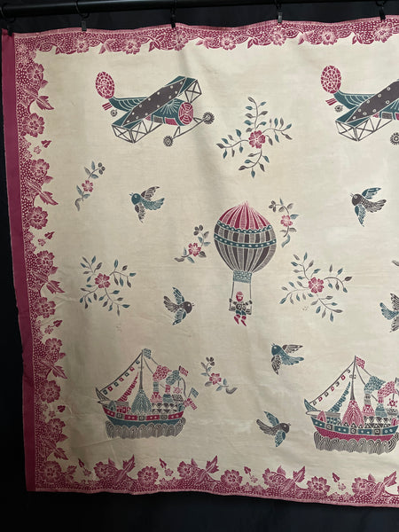Antique Hand Painted Batik Skirt Panel with Hot Air Balloons Planes & Ships: C20th Java, Indonesia