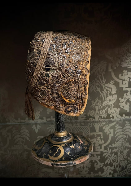 Antique Gilt Thread Embroidered Goldhaube Cap Traditional Costume: C18th Northern Germany