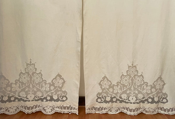 A Pair of Art Nouveau Cutwork and Embroidered Chateau Window Curtain Panels: C1900 France