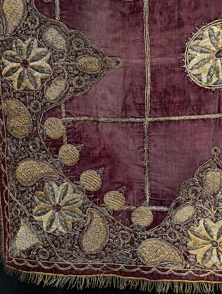 Antique Gold Gilt Thread Embroidered Silk Velvet Cover : C19th India
