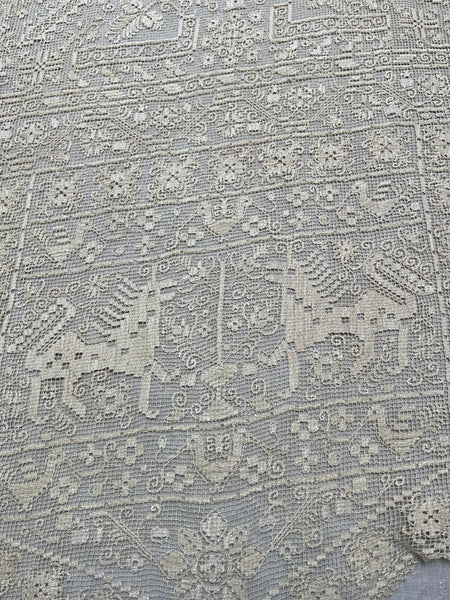 Antique Early Figurative Filet Lace Curtain Mythological Beasts Birds Tree of Life Hand Embroidered: C18th Italy