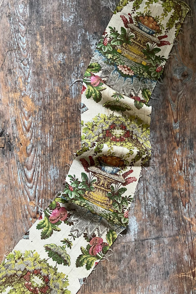 Antique Silk Brocade Panel with Urns & Fruit in Bower: C18th France