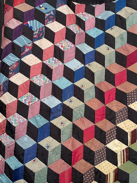 Antique Handmade Tumbling Blocks Silk Patchwork Quilt made with Cravat & Scarf Silks: C1910/20 Britain
