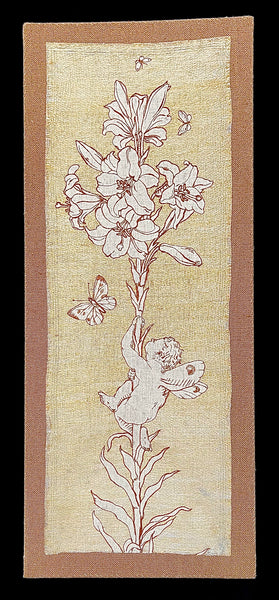 Antique Art Nouveau Silk Embroidery with Cupid & Lily in the manner of Walter Crane: C1900 England