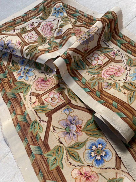 Hand Painted Chinoiserie Silk Panel Border Floral Vine: C1800 France
