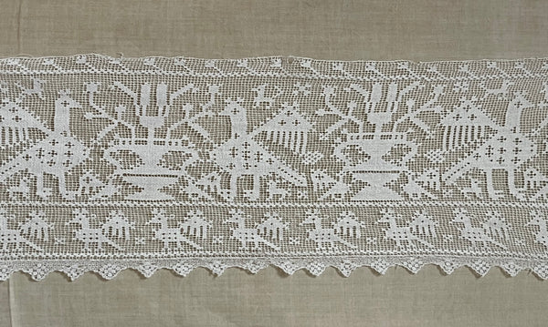 Untitled Antique Filet Lace Valance with Birds & Vases: C19th Europe