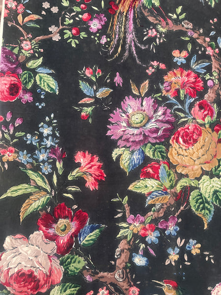 Original Antique Block Printed Chintz with Birds of Paradise and Florals: Late 18th early 19th century